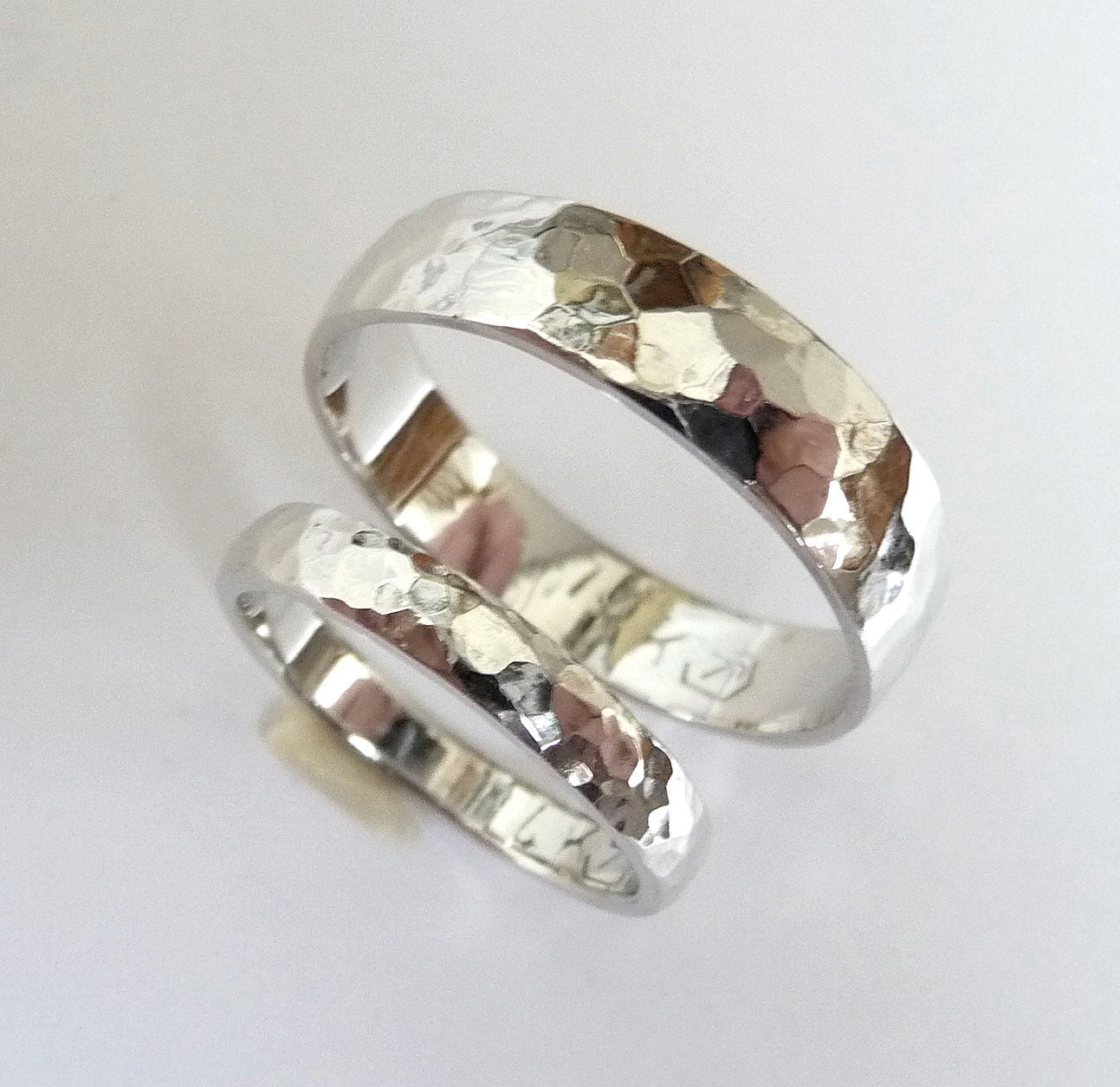 White gold wedding bands set men women wedding ring hammered polished