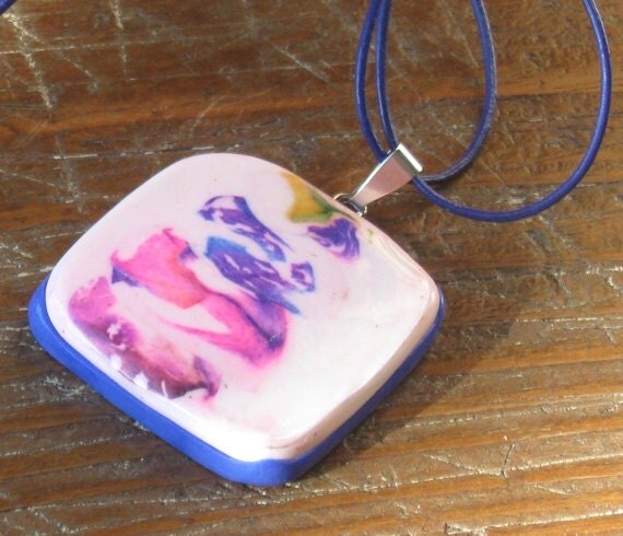Large Square Polymer Clay and Ink Hand Painted Pendant