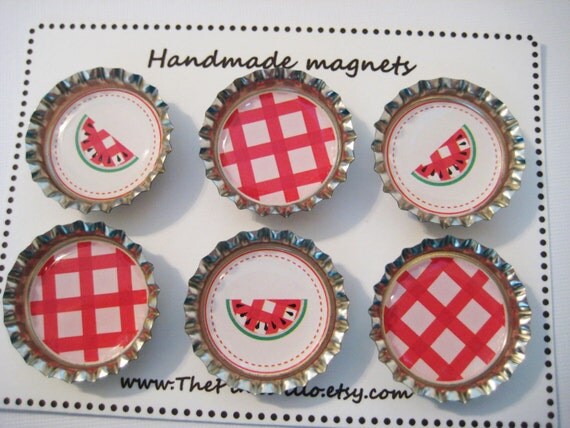Bottle cap magnets, red gingham watermelons, set of 6