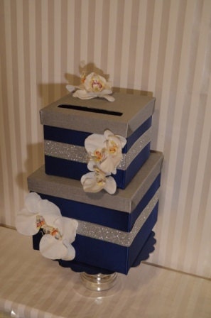 Wedding Card boxThe MaryBlue Grey and silver two tier square card box