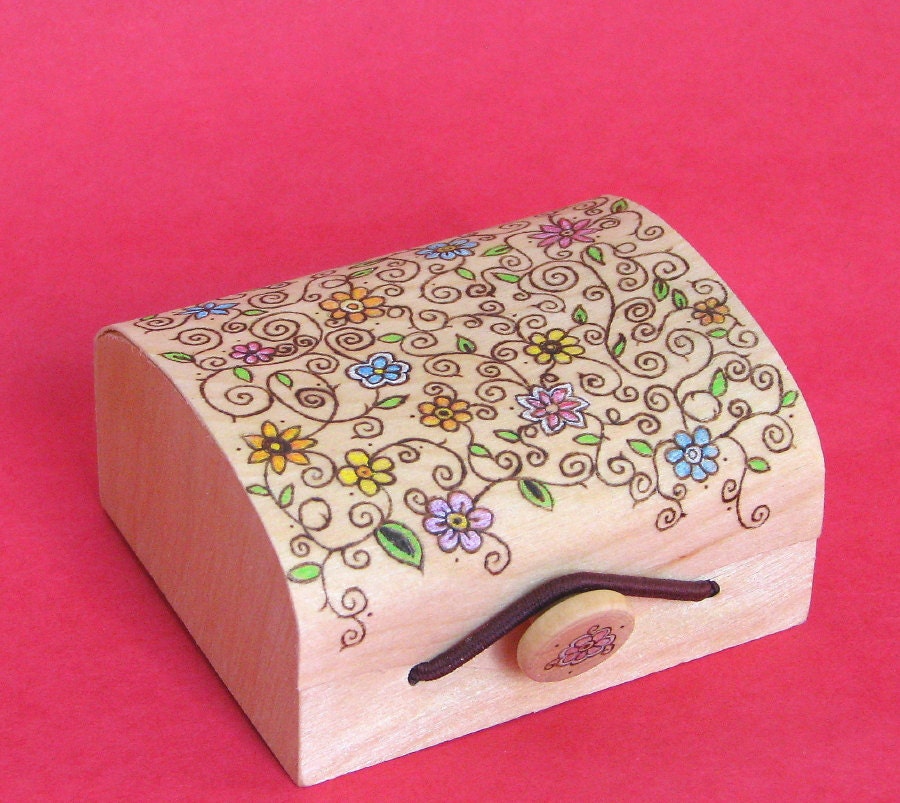 RESERVED for WIN IT treasury - treasure box - wood pyrography - spring themed trinket jewelry box