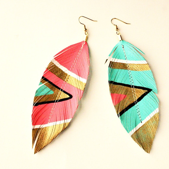 SALE - Neon Aztec - Faux Leather Feather Earrings - Electric Pink / or Blue - FREE SHIP