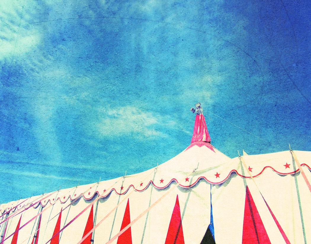 Big Top Circus Travel Photography artwork  Nursery Decor Art White Red Blue Sky Dreamy 11x14