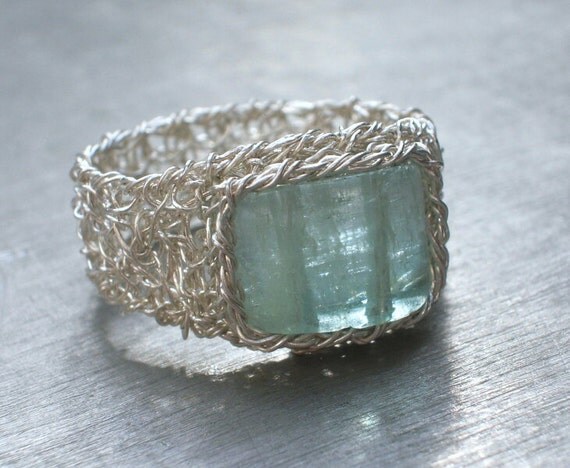Aquamarine Ring Fine Silver Wire Crochet Ring
