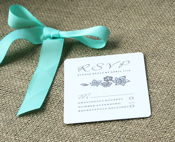 Grey and Tiffany Blue Floral and Script Font Wedding Invitation 