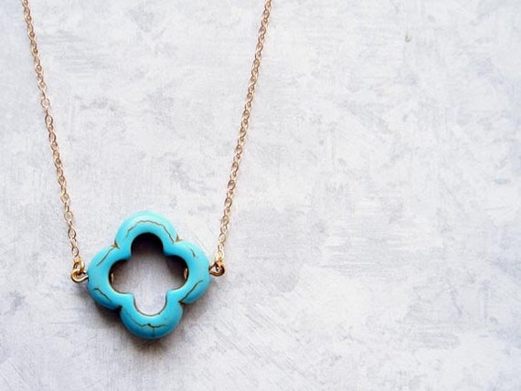 Lucky Clover Turquoise Blue Magnesite Quatrefoil Necklace