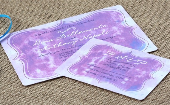 Purple Watercolor Painted Wedding Invitation, hand made artistic, customizable colors
