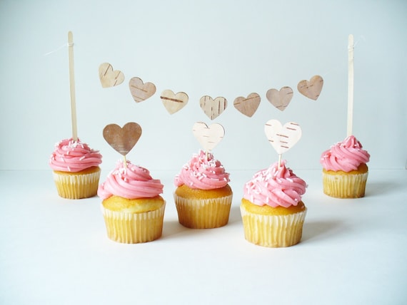 Rustic Cupcake Topper Hearts - Birch Bark,  Rustic, Woodland, Country Wedding, Birthday, Party,  Decoration ,Set of 50 Cupcake Toppers