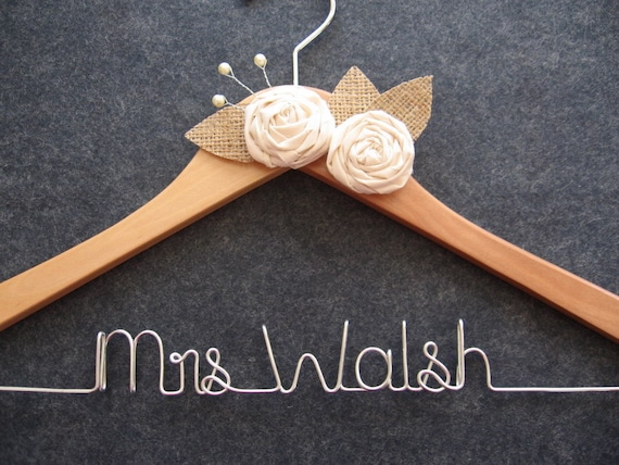 RUSTIC Bridal Hanger - Personalized Wedding Dress Hanger - Natural Finish with Muslin Flowers, Pearls and Burlap Leaves - Custom Wire Name