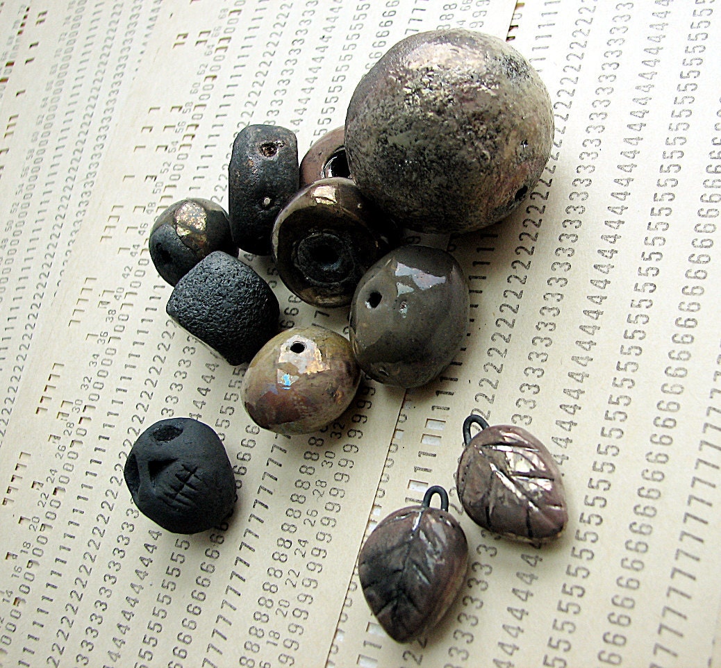 Iridescence -- ceramic raku beads destash set of 11 -- shiny carbon black beads with copper and silver