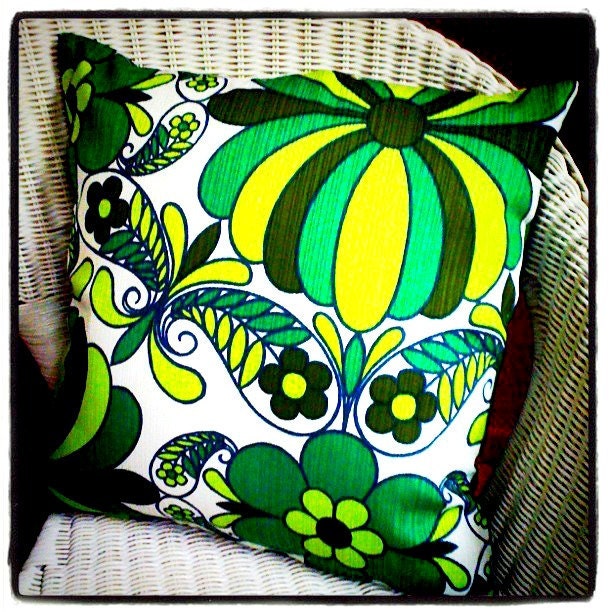 Vintage Retro Fabric Cushion - Green Flowers 1960s