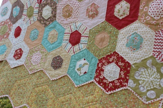 Quilt Hand Quilted Hexagon Quilt in Moda Whimsy collection