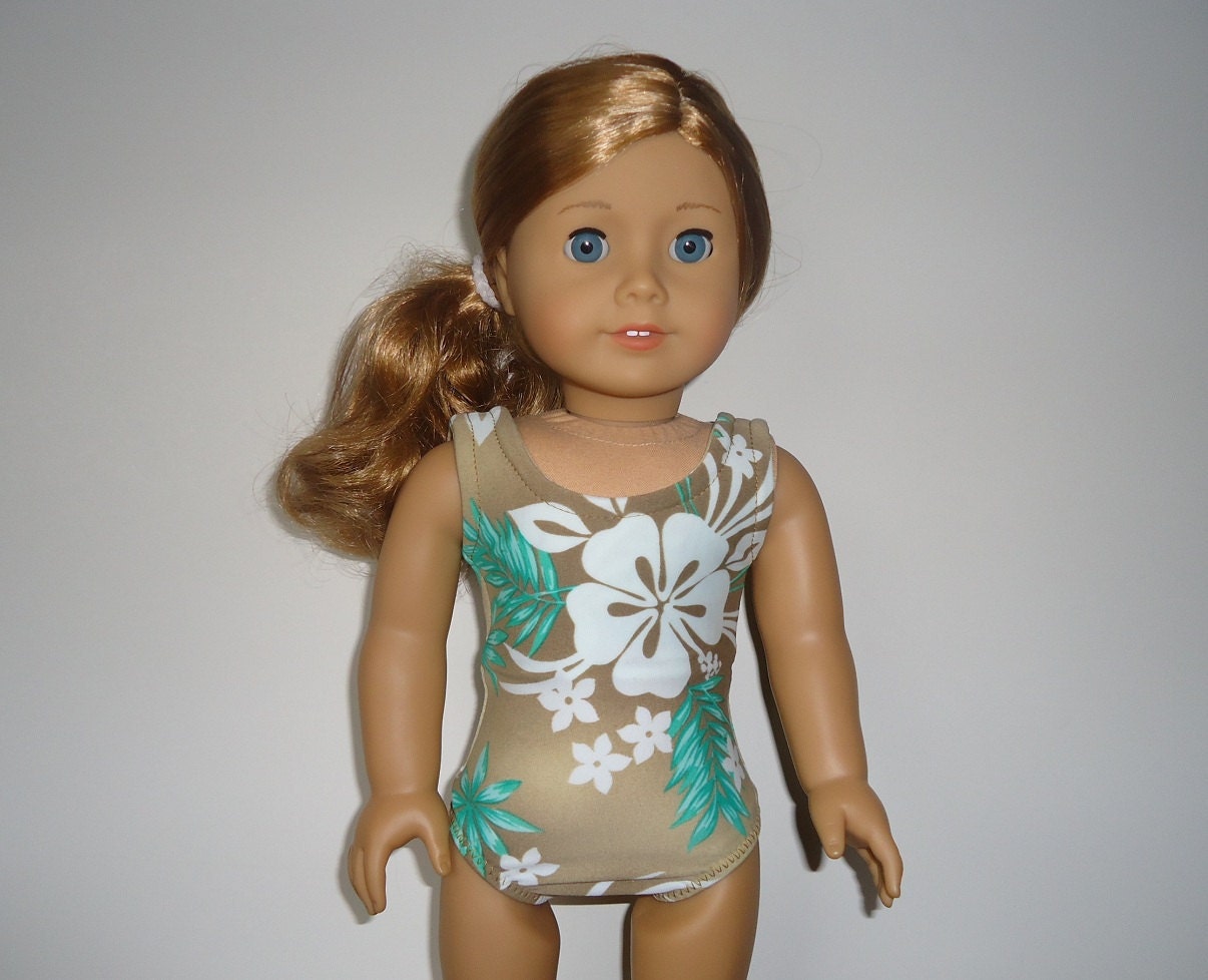 American Girl Swimsuit Taupe Brown Green and White Tropical fits 18 inch doll
