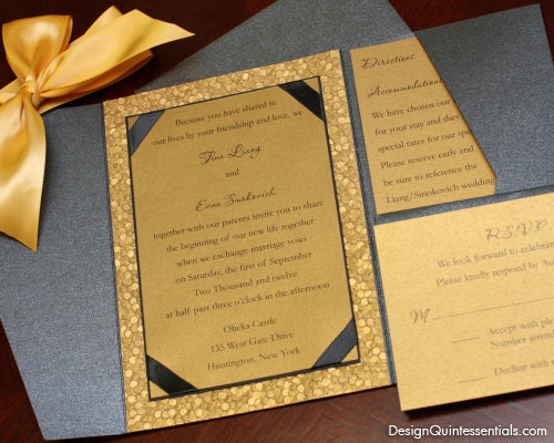 Gold Embossed Pebble Wedding Pocket Fold Invitation Suite in Black Metallic