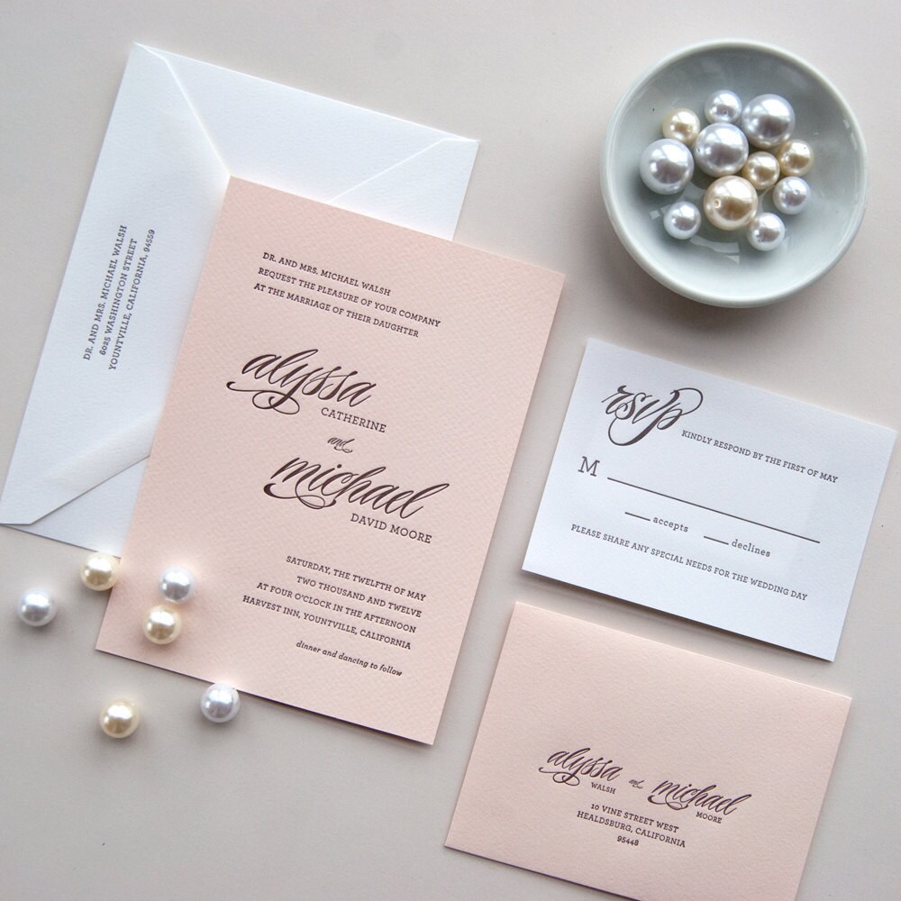 Letterpress Wedding Invitation Sample Peach Rose DailySipStudios