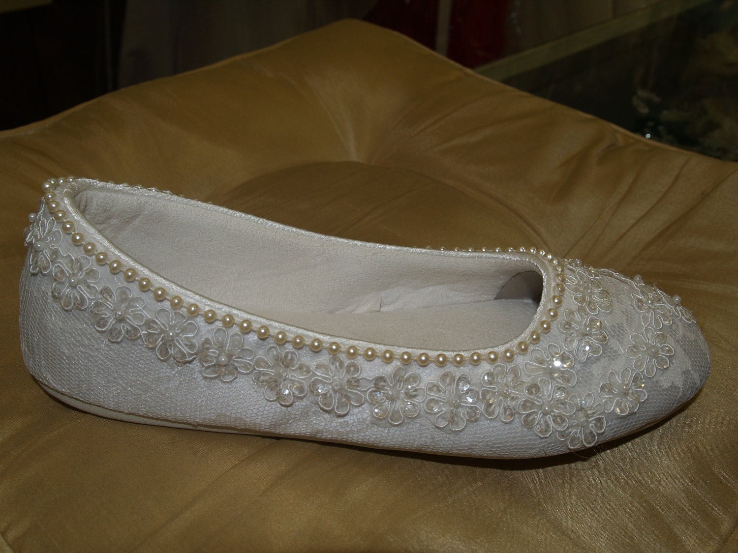 Wedding Ivory Flats Vegan Shoes Embellished with hand sewn pearls and ivory