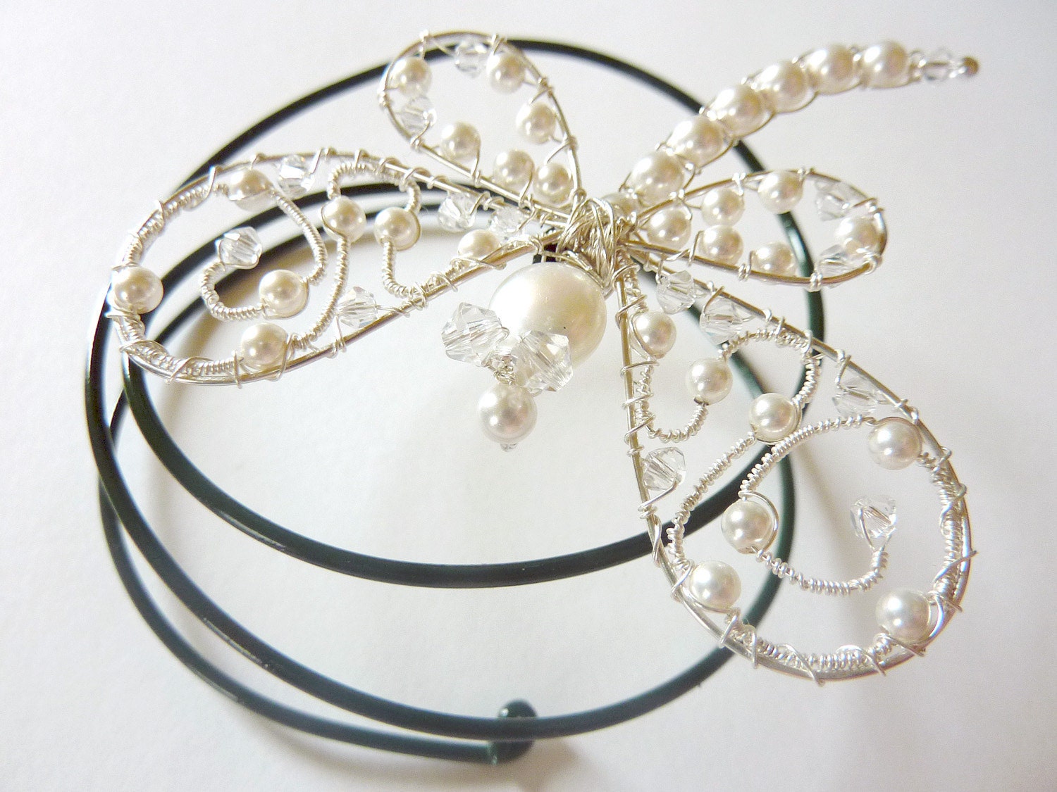 White Swarovski Pearl Ornate Dragonfly Hair Pin, Brooch or Bouquet decoration