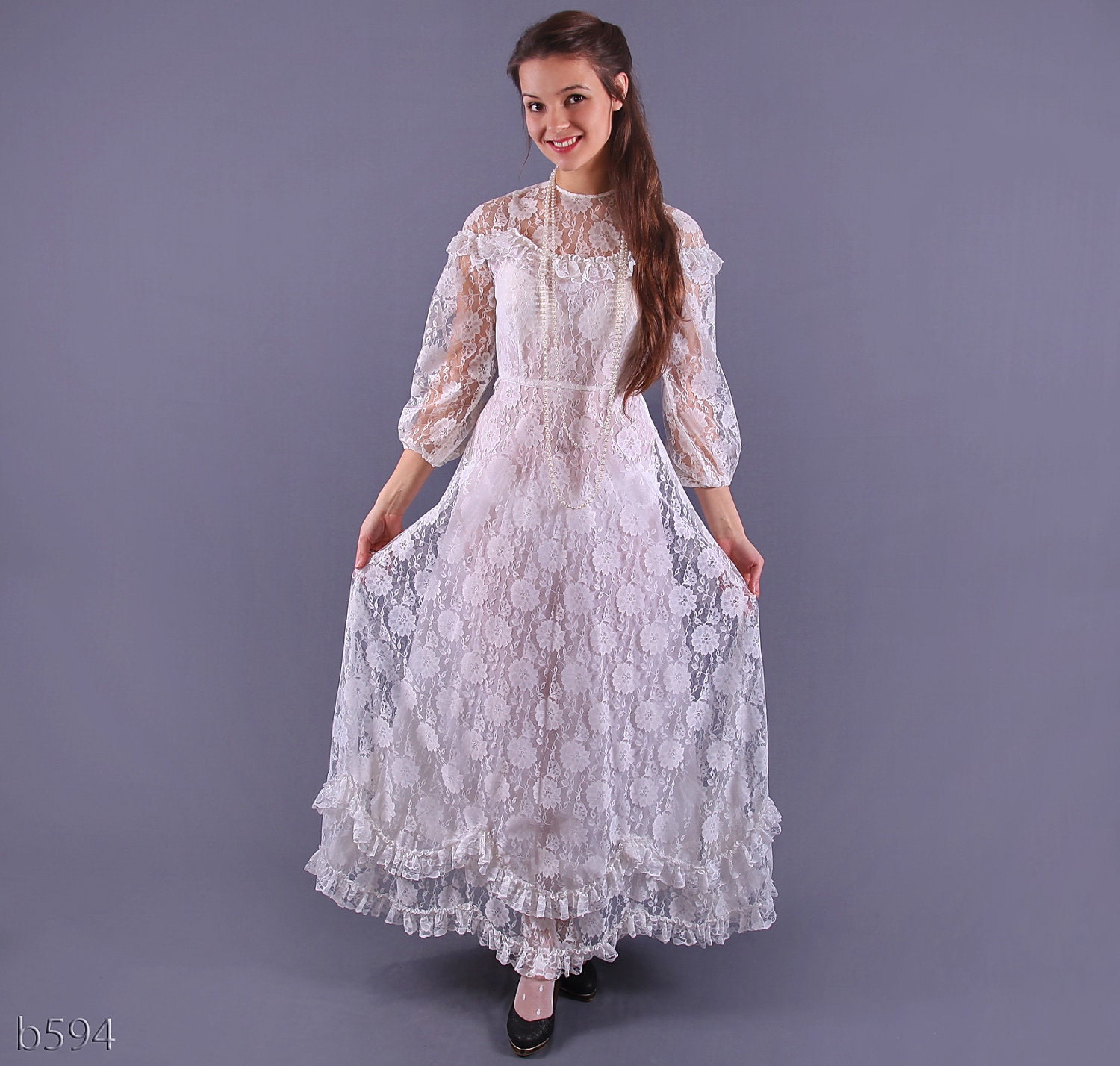 70s White Lace Wedding Gown Victorian Maxi Lace Dress Small