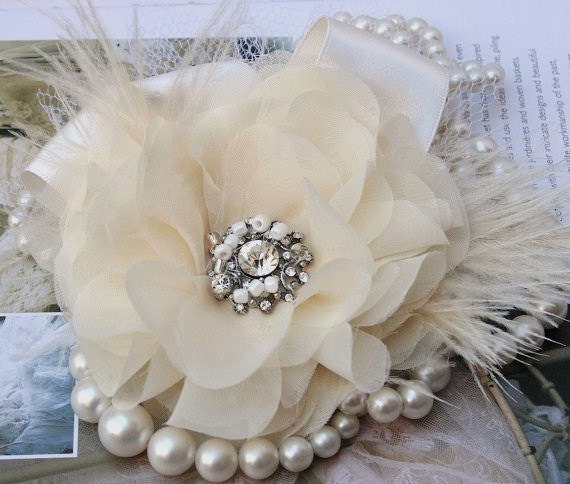 Champagne Bridal Hair Flower Fascinator, Hair Clip, Wedding Headpiece, Hairpiece, Feather Flower, Champagne Wedding, Rhinestone