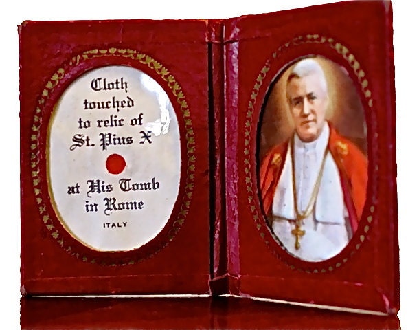 Antique Mid-Century Catholic Relic Book - Bound & Framed Cloth Touched to Relic of St Pius with Picture Made in Italy
