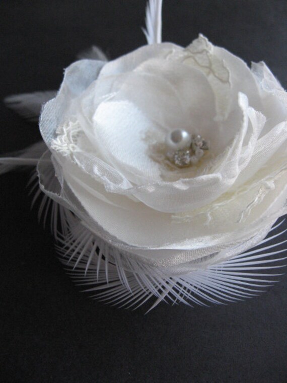 Wedding headpiece bridal Ivory Hair clip lace rose flower fascinator Organza