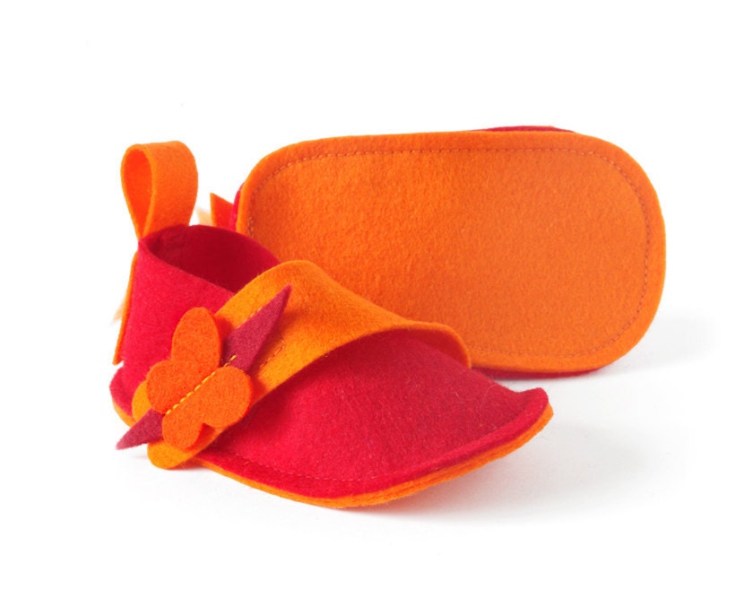Orange & red baby girls shoes Butterflies baby ballet flats, newborn girls soft booties, kids slippers