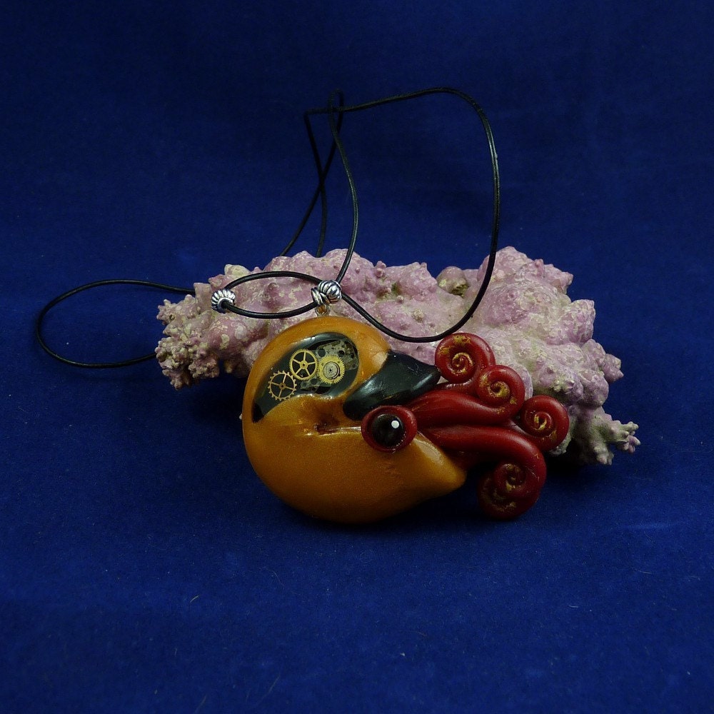 Brass Steampunk Nautilus Necklace - Polymer Clay Neo-Victorian Pendant
