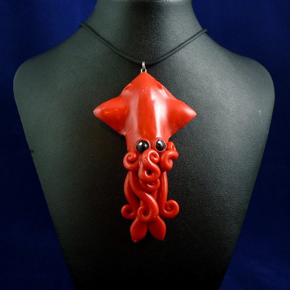Crimson Squid Necklace - Polymer Clay Cephalopod Jewelry