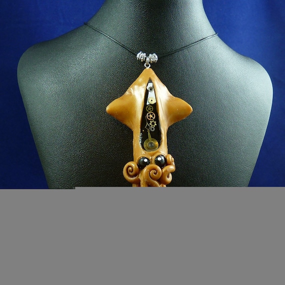 Brass Steampunk Squid Necklace - Polymer Clay Squid Pendant