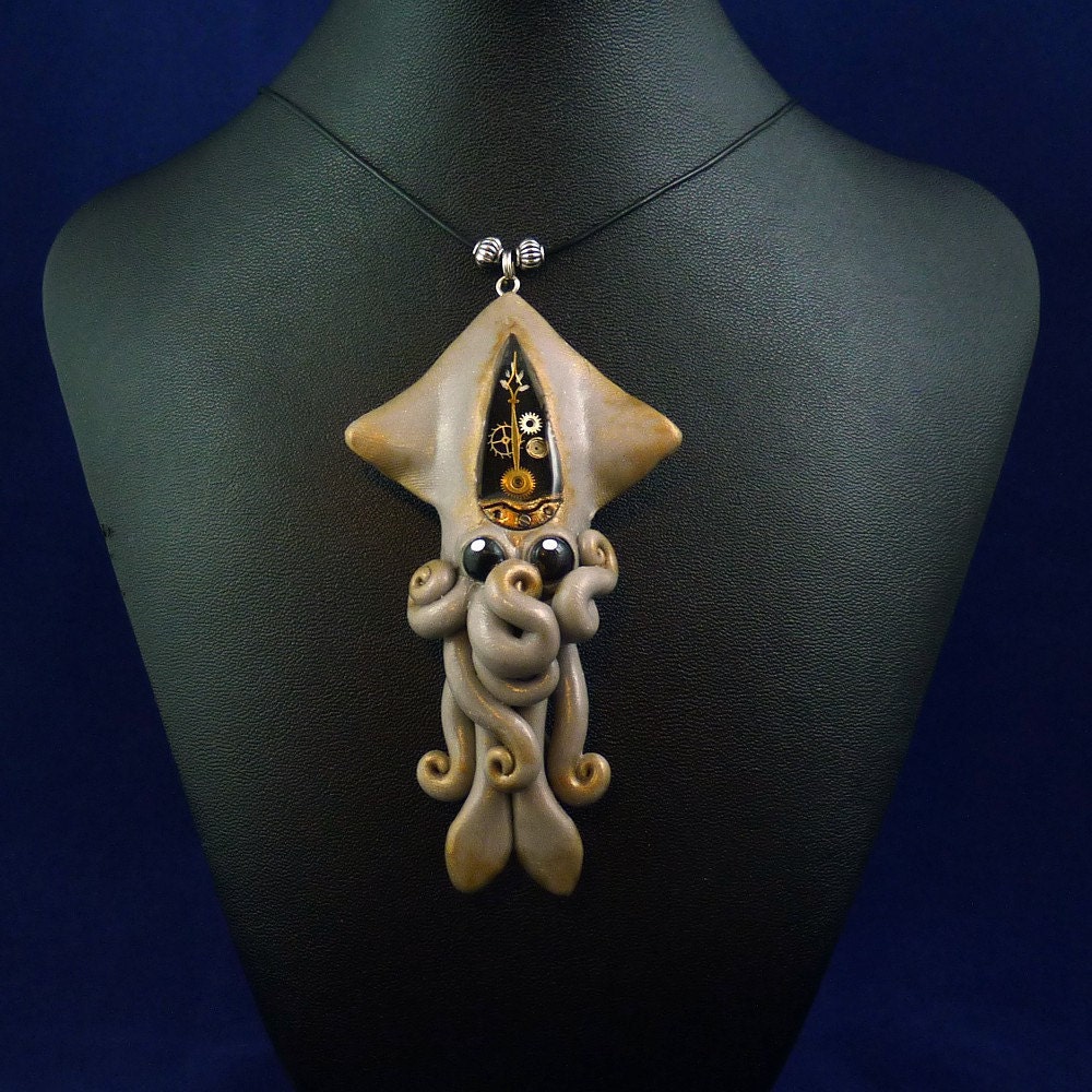 Steampunk Squid Necklace - Polymer Clay Steampunk Jewelry