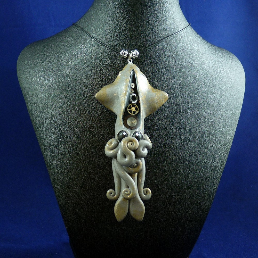Steampunk Squid Necklace - Polymer Clay Neo-Victorian Jewelry