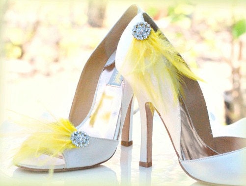 Shoe Clips Yellow Royal Purple Feathers Silver Rhinestone Crystals Bride 