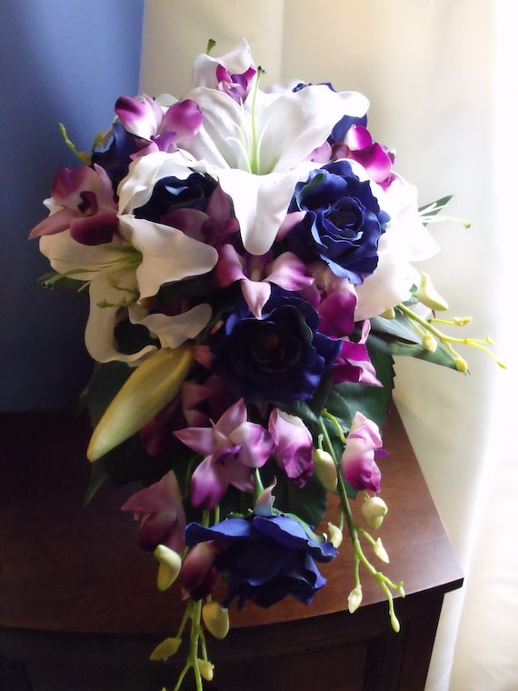 Bridal package blue roses purple orchids and white lilies
