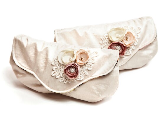 Wedding Bridal Clutch Ivory Blush with Flower Blossom and Applique detail