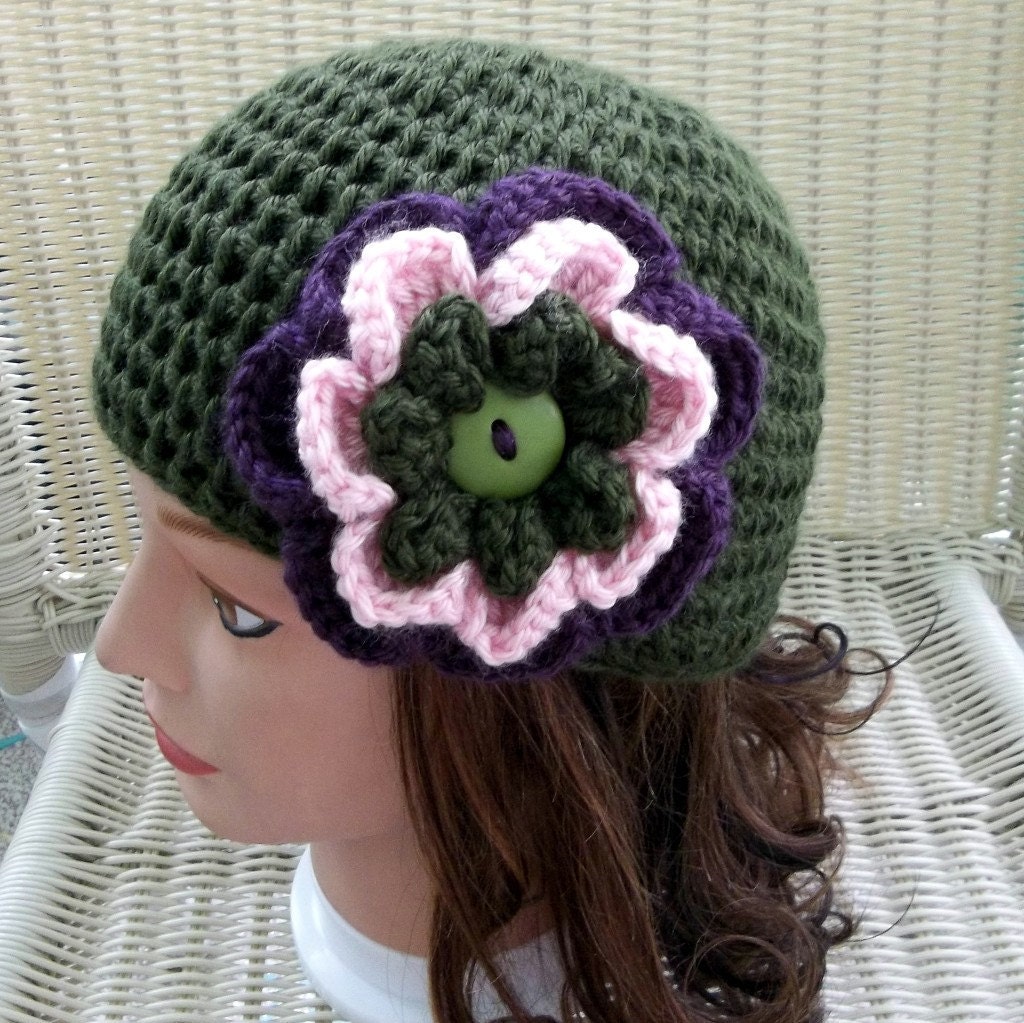 Crocheted Beanie Dark Sage with Flower Button Pin/Brooch Pink, Purple, Sage