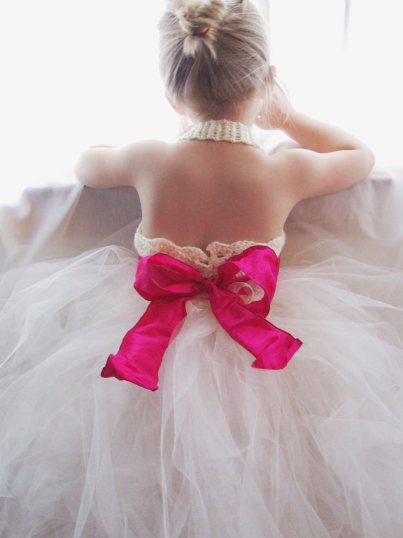 Flower Girl Tutu Dress Crochet Bodice Silk Ribbon Sash and Bow Extra Full Tulle Tutu Shiny Ivory and Pink