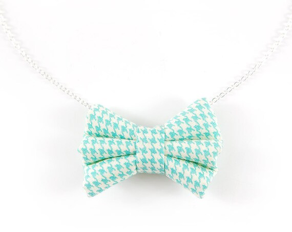 Teeny Fabric Bow Necklace. Aqua Mint Bow Pendant. Houndstooth Check Pale Turquoise Teal Silver Plated Sea Foam