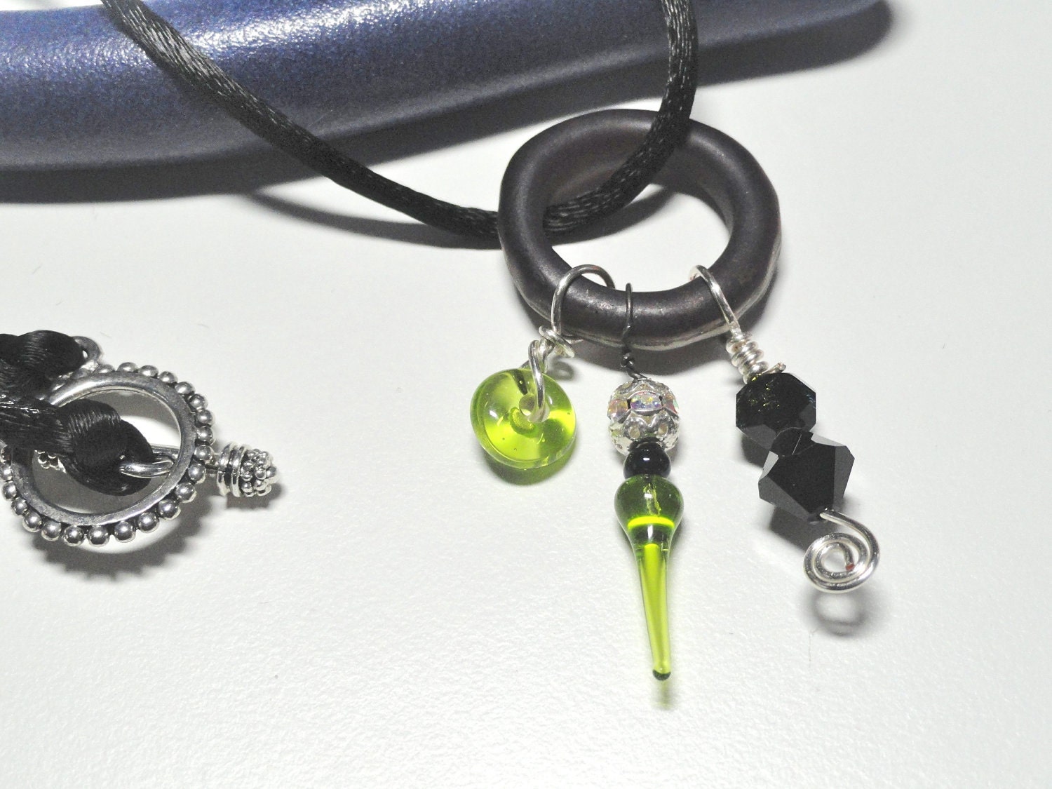 NightLights Lime and Black Lampwork Bead Swarovski Crystal Pendant on new Cord Necklace