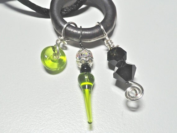 NightLights Lime and Black Lampwork Bead Swarovski Crystal Pendant on new Cord Necklace