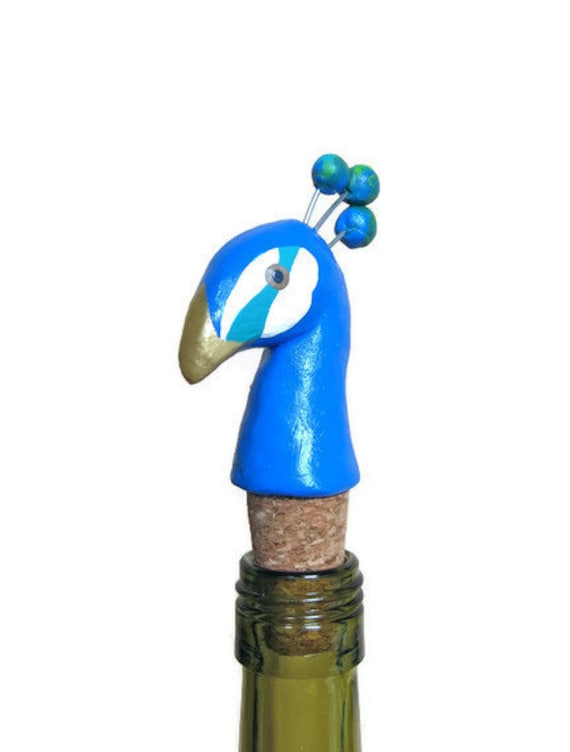 Peacock wine stopper bright blue turquoise gold bird hostess gift