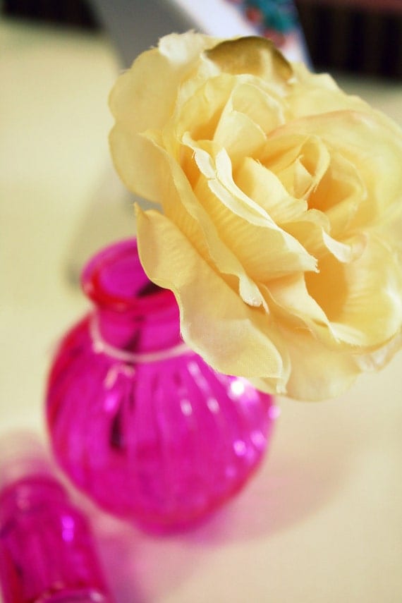 Perfume Bottle Vase - Pink with Cream Rose- pearlylace