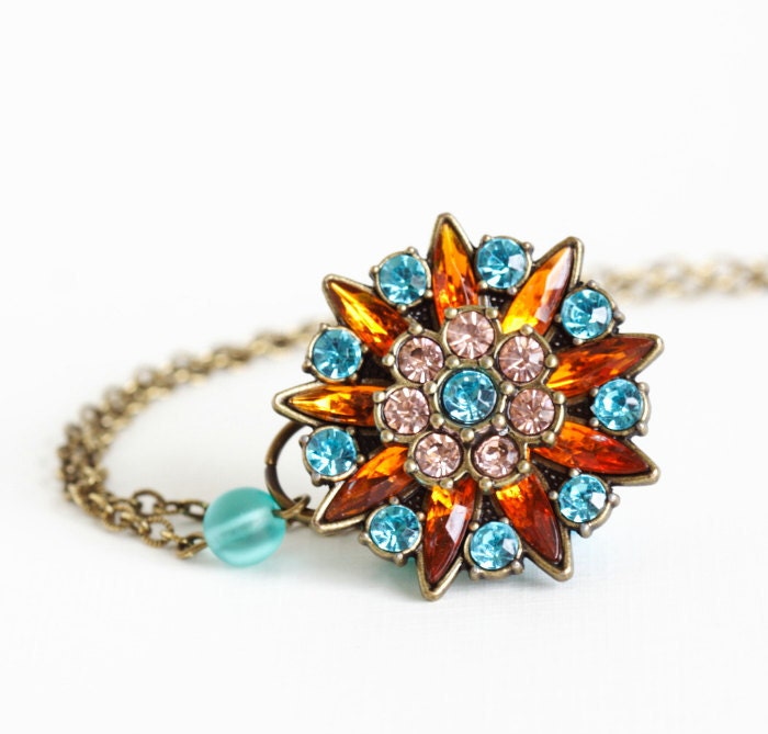 Rhinestone Glamour Pendant, Brass Necklace, Delicate Brass Chain, Amber, Rose and Turquoise Rhinestones