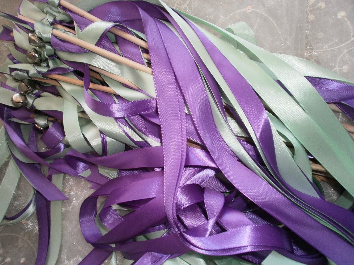 100 Mint Green and Purple wedding ribbon wands with your choice of Two 