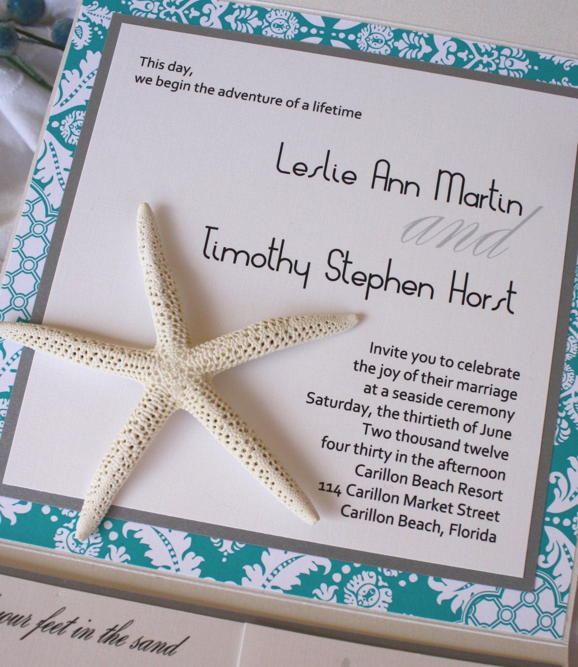 Turquoise and Silver Starfish Pocketfold Destination Wedding Invitation
