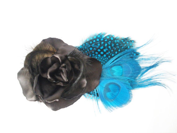 Peacock Feather Black and Turquoise Rose Bridal Wedding Hair Clip With Free