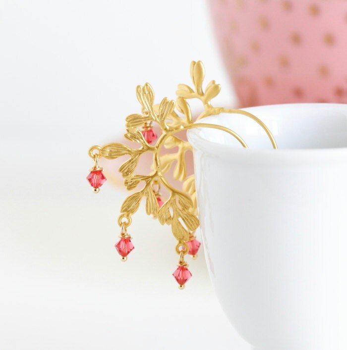 Golden Coral Crystal Earrings, Trailing Leaves,  Bohemian, Exotic Earrings