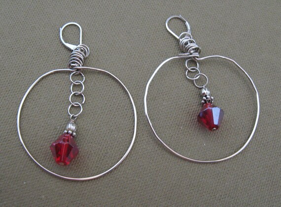 Large Sterling Silver Hoop Earrings Red Crystal