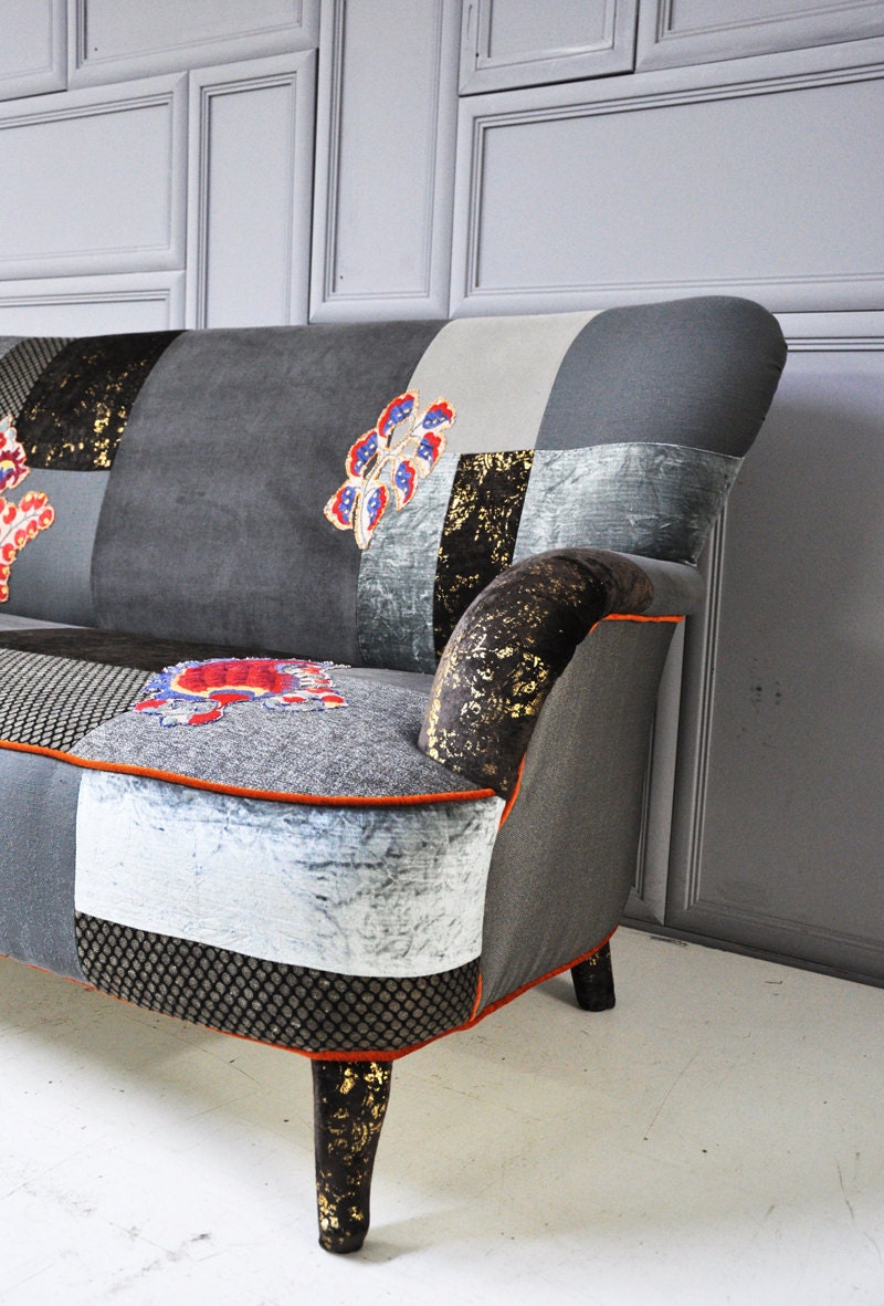 gray & brown patchwork sofa