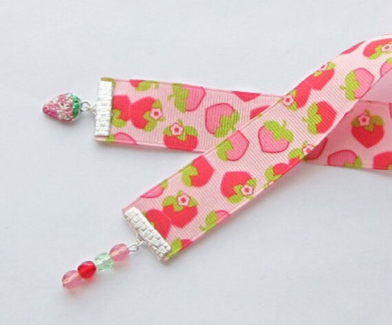 Strawberry Ribbon Bookmark Hand Painted Charm