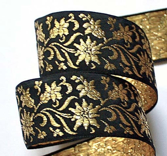Metallic Floral Woven Jacquard  Ribbon 1 1/2 x 3 yards Black and Metallic Gold Made in Switzerland Rayon Mix